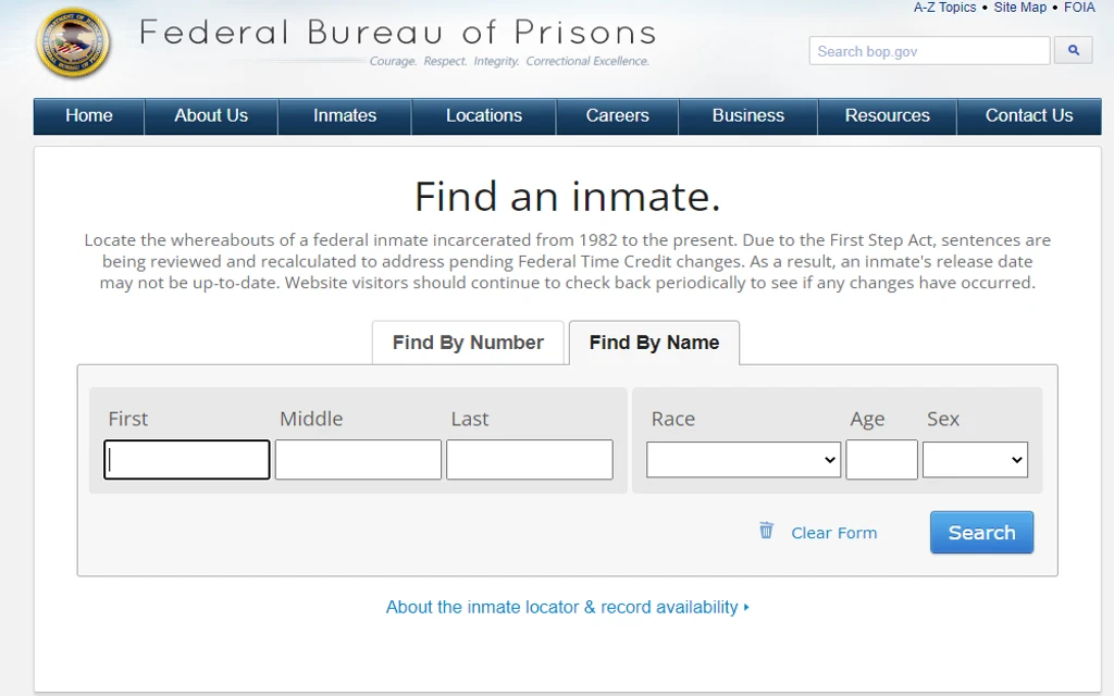 A screenshot of the BOP or Bureau of Prisons website that contains historical data about federal offenders who are serving time, or have been incarcerated in a federal prison. 