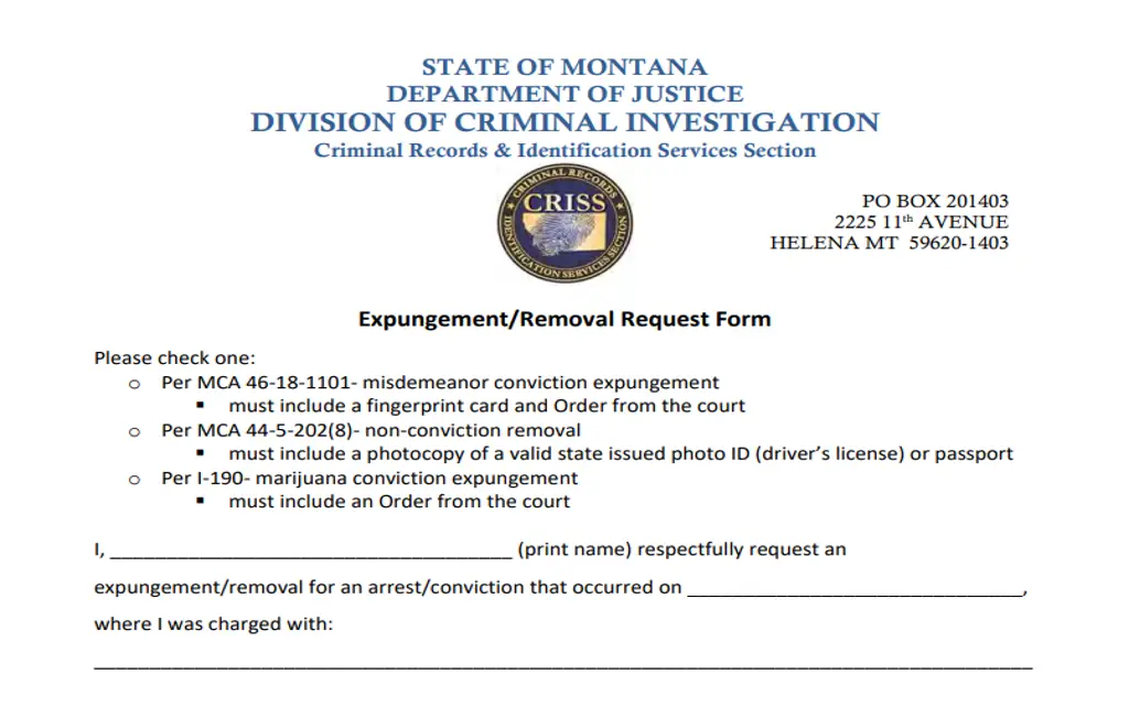 State of Montana expungement and removal request form so someone can get old charges off their record. 