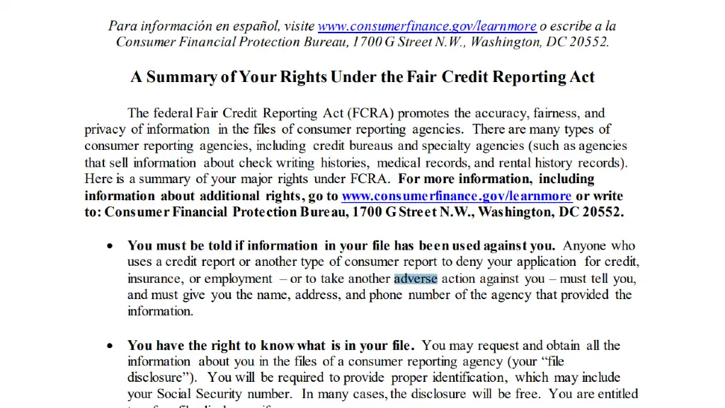 A screenshot showing FCRA or federal fair credit reporting act summary that protects tenants from shady practices. 