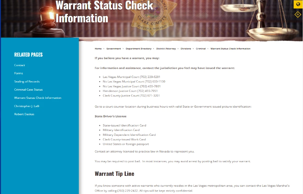 A screenshot of Clark County Nevada's warrant contact information with a warrant tip line for those who have active warrants. 