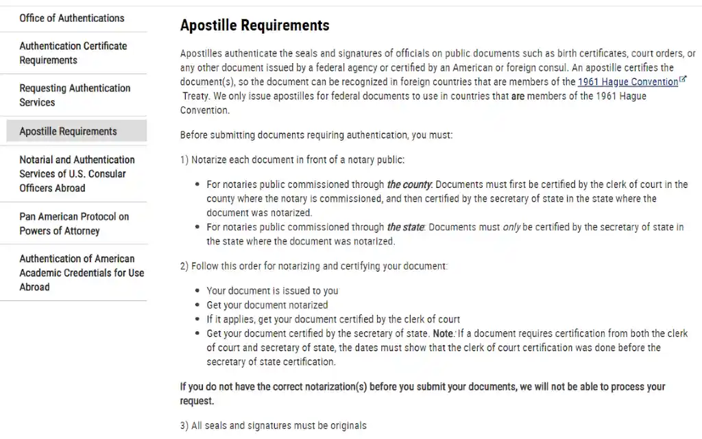 The Travel State website showing that Apostilles are responsible for notarizing and taking fingerprints of certain documents issued by federal agencies. 