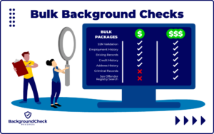 A landlord or employer is looking at or comparing bulk background checks options and providers with a magnifying glass to make the process of checking social security numbers, employment history, driving records, credit history, and criminal records more efficient.