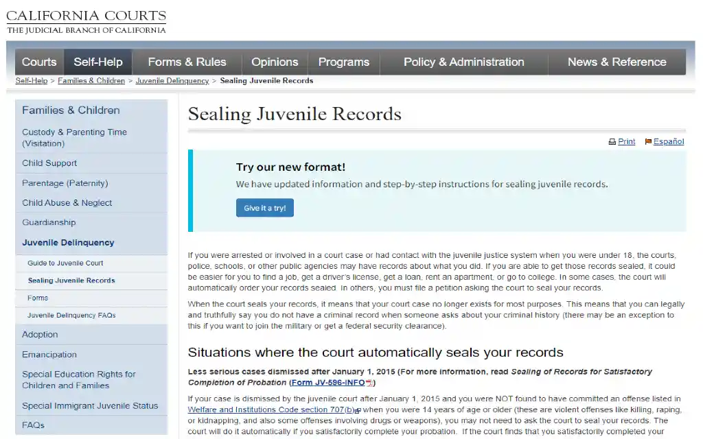 The California Courts website showing that in some situations, juvenile records are automatically sealed by the court. 