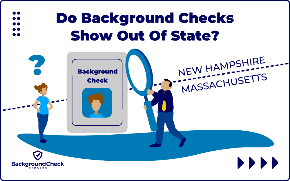 A job applicant or soon-to-be licensed professional is standing on the Massachusetts side of the Massachusetts-New Hampshire border indicating that she recently moved to Massachusetts; she is wondering whether or not out of state charges show up on background checks while an individual to her right is wearing business attire and examining her background check report with a magnifying glass.