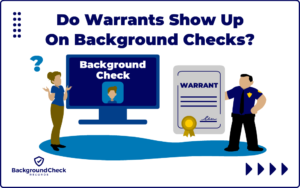 To the right, a police officer is holding up a document that says warrant with his other hand placed on his hip; to the left, a woman is shrugging her shoulders and has her hands up in an expression of confusion as she ponders whether warrants are included in background checks or not.