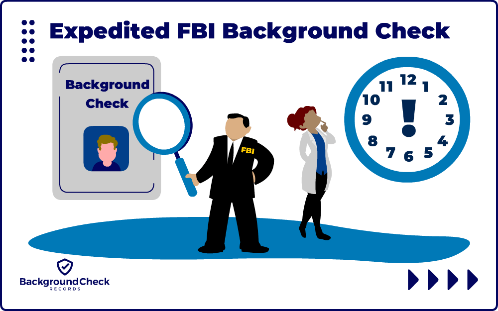 A background check report with a person's information and picture on it is being examined with a magnifying glass by a member of the FBI while a woman in a lab coat is looking at a clock, wondering if there's any way she can get an expedited FBI background check.