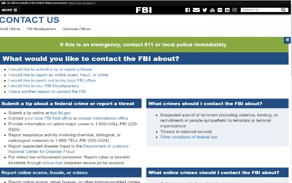 A screenshot of the FBI contact page where people can submit reports that can the process of someone being federally charged, prosecuted or investigated. 