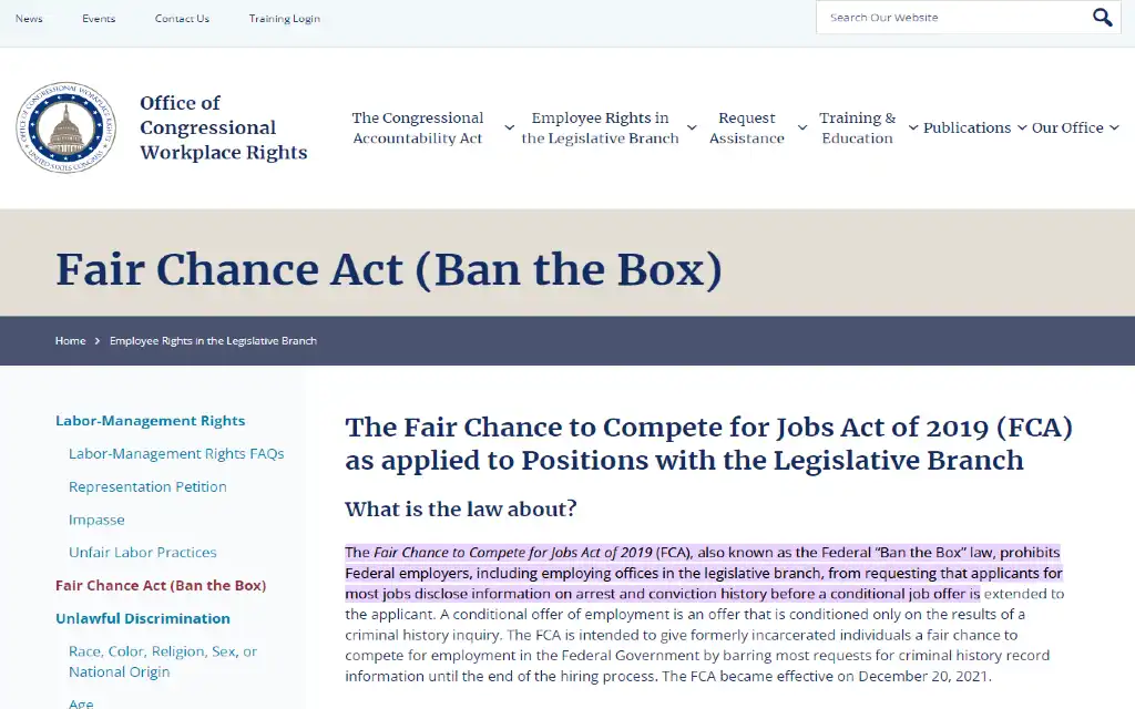 A screenshot showing ban the box laws and fair chance act (FCA) prohibit employer discrimination and only show criminal history records right before the last steps in hiring someone. 