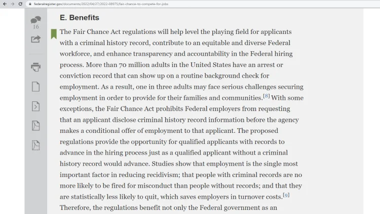 A screenshot of the Fair Chance to Compete for Jobs rule by the Personnel Management Office (PMO that states the Fair Chance Act levels the playing field for those with a criminal history in regards to obtaining a federal job. 