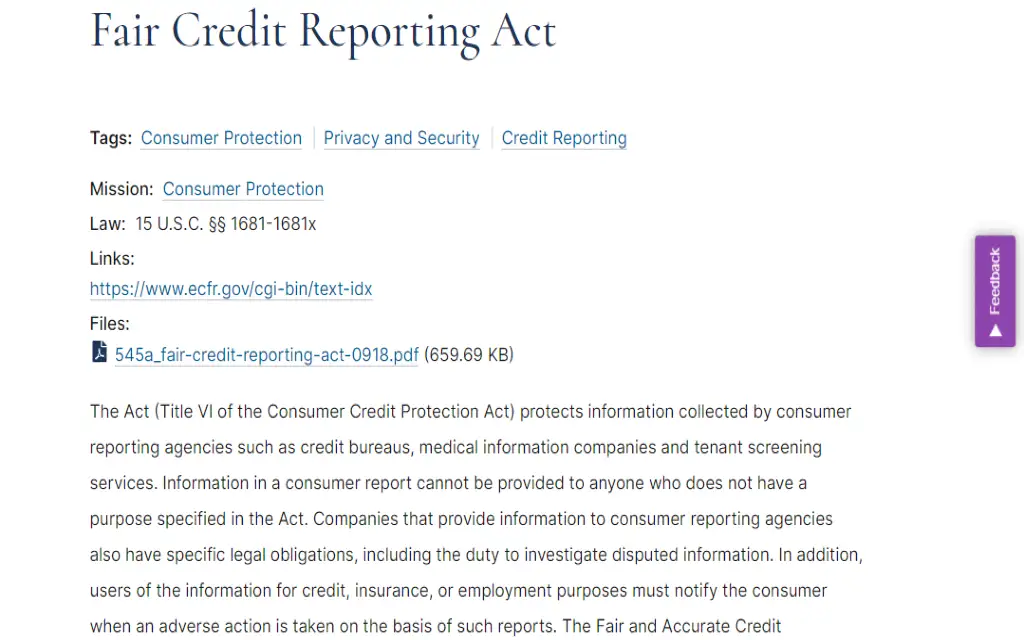 A screenshot of the FCRA or Fair Credit Reporting Act that offers consumer protections in regards to discrimination. 