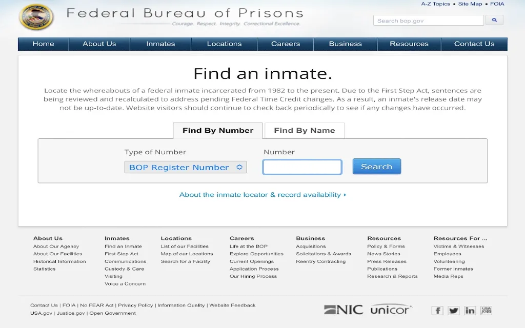 The BOP or Bureau of Prisons website which contains historical data on federal offenders so prospective spouses with serious offenses can be searched even if they're out of prison. 