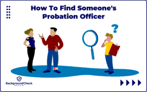 A person on probation is wearing an ankle monitor and speaking with their probation officer while a concerned citizen is looking on from the right side of the image and scratching their chin, wondering if there's a way to find out who the probation officer is.