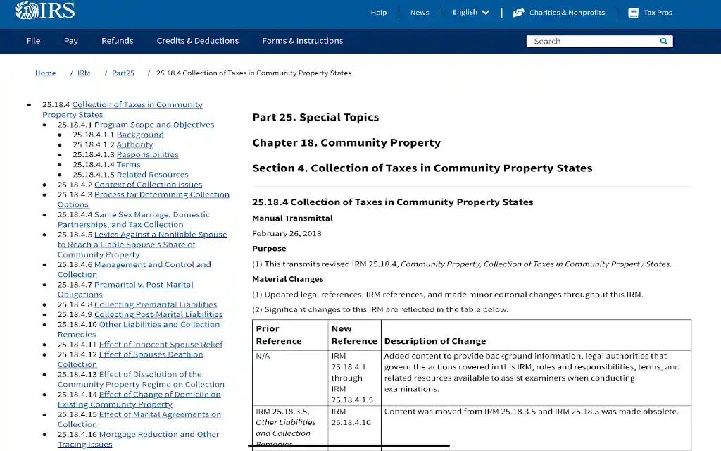 A screenshot showing how the IRS breaks down taxes in community property states both premarital and post martial. 