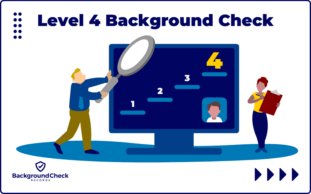 A man in tan slacks and a blue t-shirt is wondering what a level 4 background check will return and how it differs from level 1, 2, and 3 background checks, while another woman from HR is standing to his right in a yellow shirt and a clip-board as apart of the screening process.