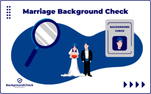 A soon-to-be bride and groom are pictured walking down an aisle in the middle of the image, thinking about whether or not they should have conducted background checks on one another beforehand to determine if their partner was hiding any secrets; a magnifying glass is to the left of them and a background check report on the groom is to the right.