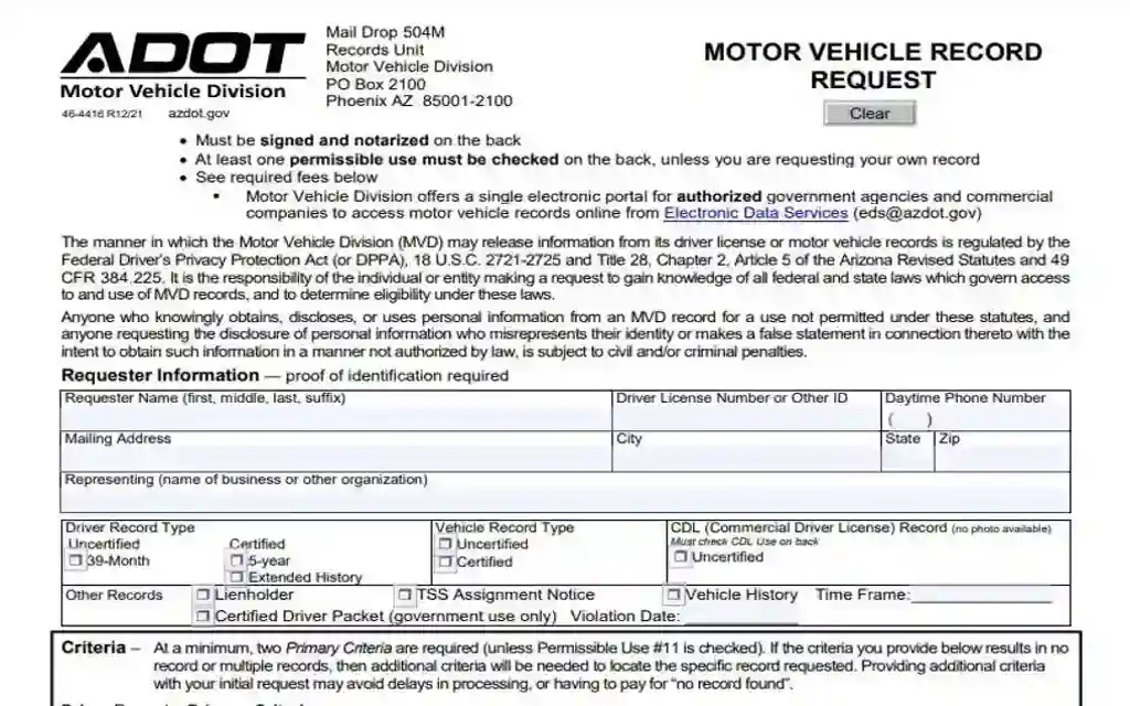 A form to request motor vehicle records through the Motor Vehicle Division in Arizona. 