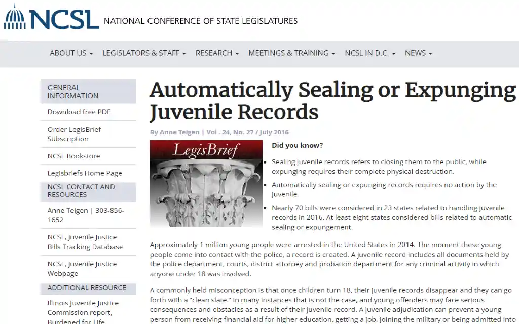 The National Conference of State Legislatures NCSL site showing many juvenile records are automatically sealed or expunged. 