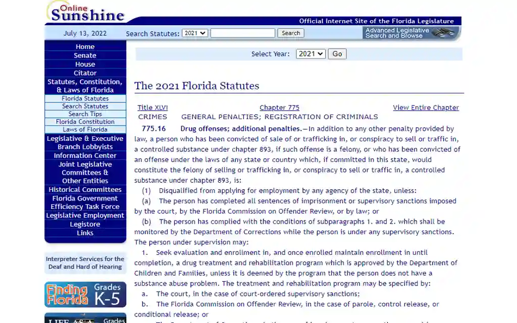 A screenshot of Florida Statutes 775.16 which says those who have serious drug charges or disqualified from being employed by the state unless certain stipulations are met 
