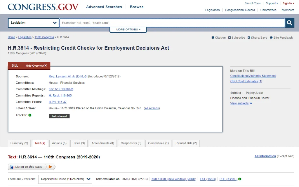 A screenshot of the H.R. 3614 (Restricting Credit Checks for Employment Decisions Act), that made it illegal to discriminate on tax records during the hiring process. 