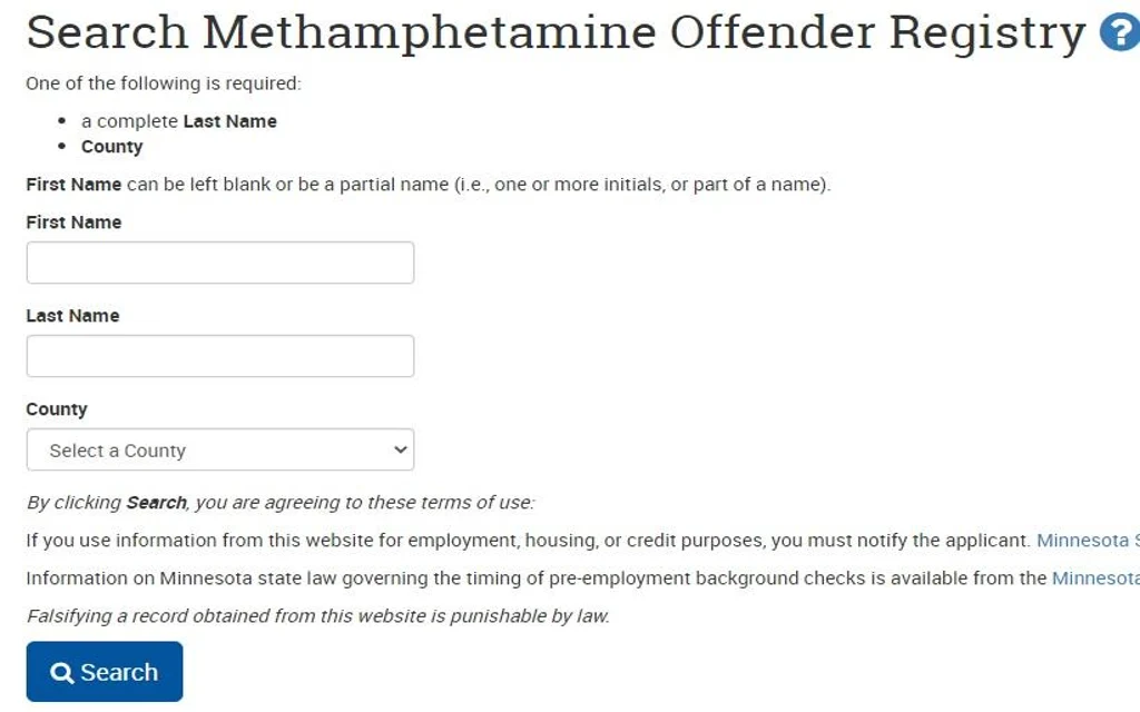 The Minnesota Methamphetamine Offender Registry that allows meth distributors and manufacturers in MN to be searched by first and last name. 