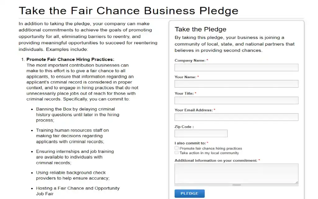 A screenshot of the application to Take the Fair Change Business Pledge that Walmart agreed to and was enacted by former President Obama and promotes fair hiring practices and opportunities.