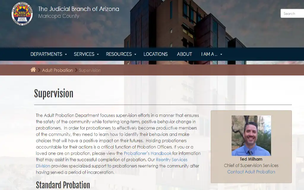 The judicial branch of Arizona website that hosts Maricopa County information on how residents can contact probation officers through the community supervisions and corrections chief of supervision services. 
