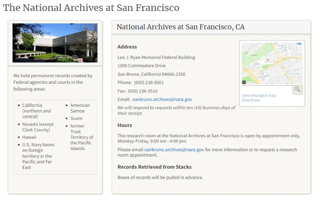 A screenshot showing the National Archives at San Francisco website where old criminal records are stored and can be requested. 