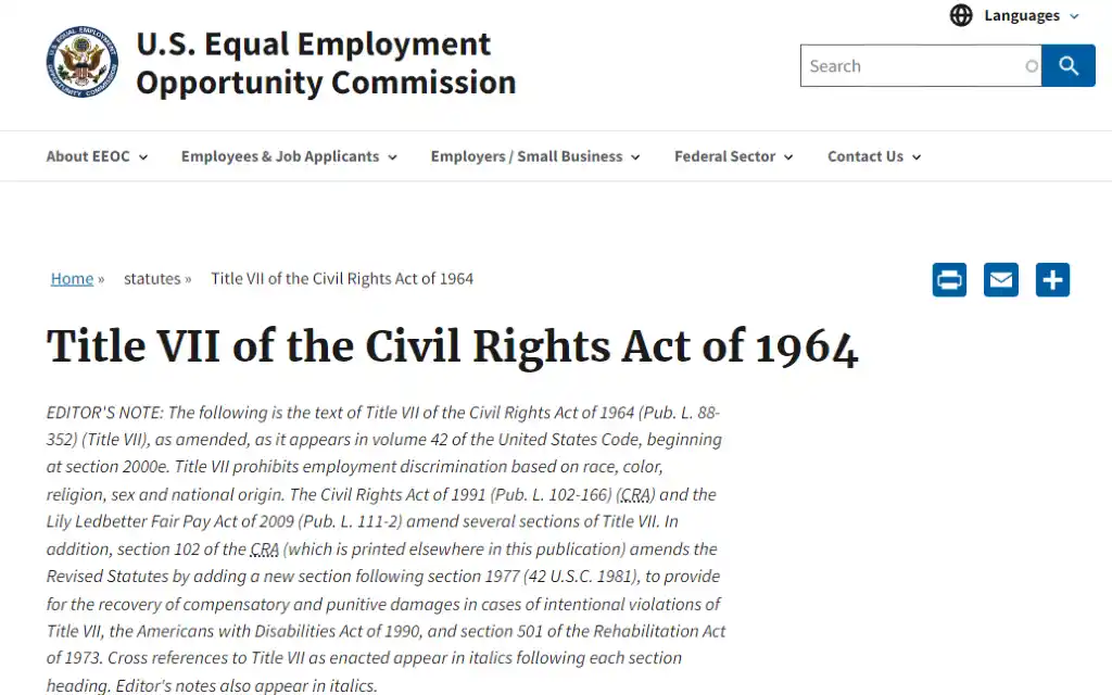 The U.S. Equal employment Opportunity Commission site showing the protections it covers when it comes to employment. 
