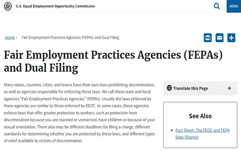 A screenshot of the U.S. Equal Opportunity Commission's Fair Employment Practices Agencies and Dual Filing information that says various state laws surrounding employment discrimination are controlled by them, the FEPAs, the EEOC and provide relief to discriminated victims. . 