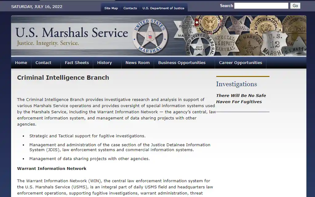 The U.S. Marshals Service website showing the Warrant Information Network (WIN) manages data about fugitives across multiple agencies. 
