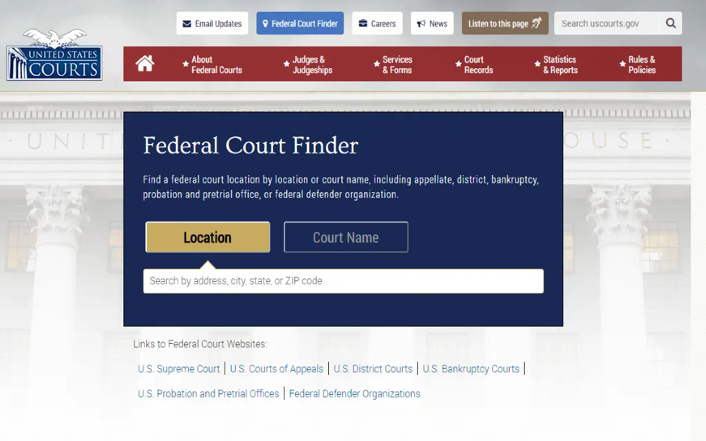 The U.S. Federal Court Finder which allows citizens to find federal probation officer and offices. 