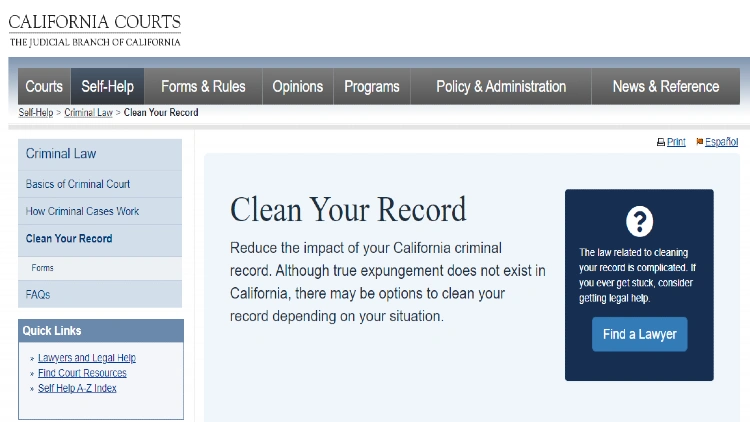 The California Courts website showing that people can get misdemeanors off their record.