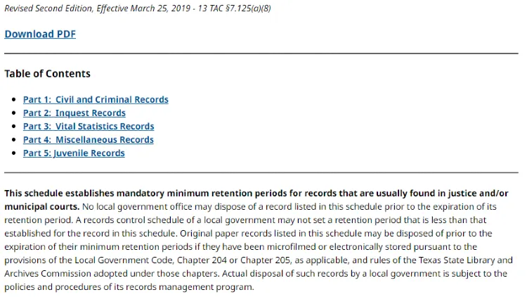 A screenshot showing criminal records and civil records have different retention periods in certain governments or local courts. 