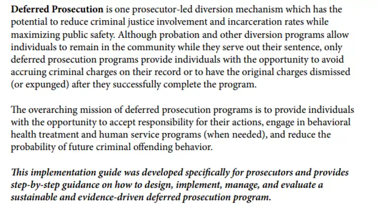 A screenshot defining deferred prosecution which is reduces incarceration rates by allowing people to avoid criminal charges or have them expunged. 