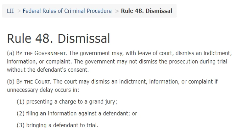 Rule 48 showing the court may dismiss federal charges if there's unneeded delays presenting information to the jury, in filing, or getting the defendant into trial. 