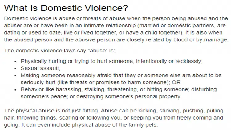 A screenshot further defining domestic violence charges saying it's abuse such as physical harm, sexual assault, scaring a reasonable person or other forms of harassment. 