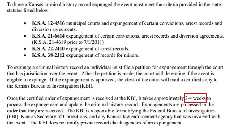 A screenshot showing stipulations to get expungement in Kansas as well as how long it takes and in Kansas, it takes about 2-4 weeks. 