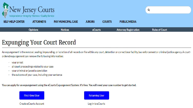 The NJ Courts website showing that expungement removes the record but still accessible by some agencies and readers can apply for it through eCourts. 