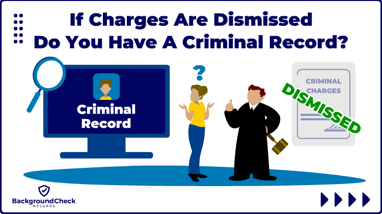 A woman in a yellow shirt is shrugging her shoulders with a blue question mark above her head while she's looking at a judge with a gavel in her hand and asking him, "If charges are dismissed do you have a criminal record?"