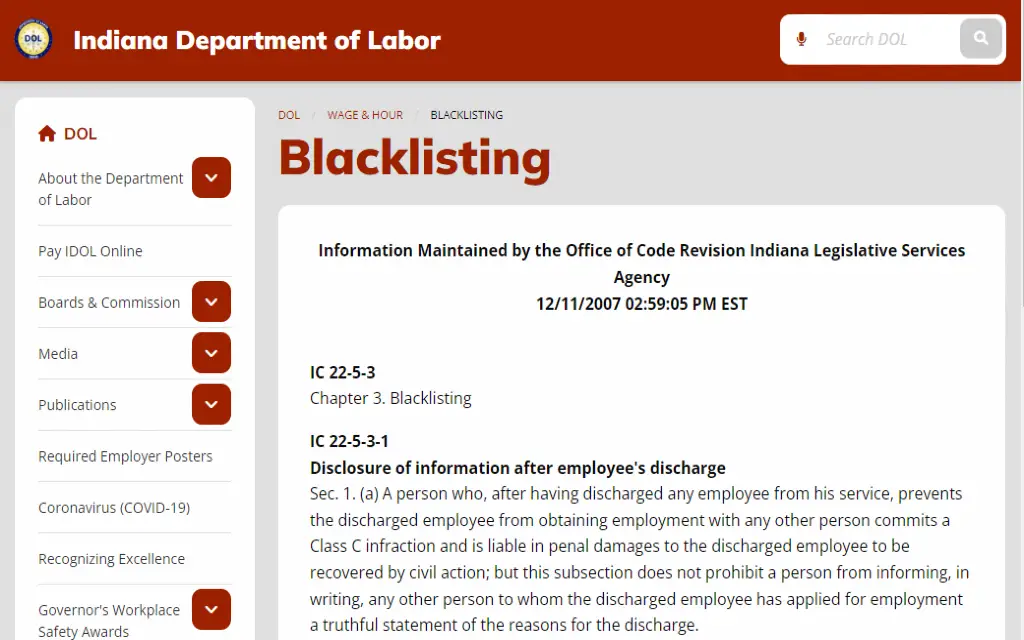 The Indiana Department of Labor site showing that past employees can be blacklisted and that past employers can disclose information as long as it is truthful and does not prevent the previous employee to gain employment elsewhere. 