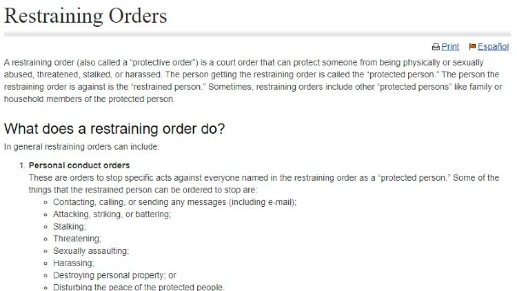 A screenshot defining restraining orders and what they do. 