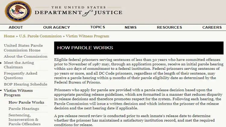 The U.S. Department of Justice site showing how federal probation or parole works and parole hearings work. 