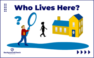 A man in a red shirt, yellow tie, and blue pants has a question mark above his head and is pointing a magnifying glass at a silhouette of a person in the distance walking into a house, wondering who it is that lives there.