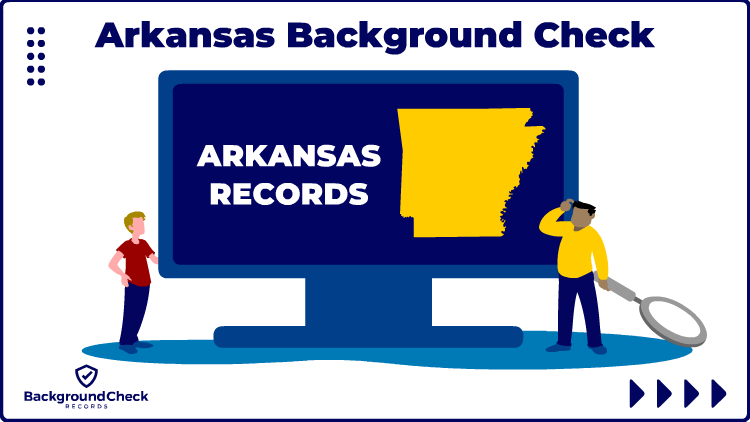 A man on the left is scratching his head with his right hand and holding a grey magnifying glass by his waist with his right hand as he wonders how to get an Arkansas background check while starring at a screen that has the state of Arkansas in yellow with the words "Arkansas Records" and another man in a red t-shirt, blue jeans, and blonde hair is grasping the screen with his left hand and his right hand rests on his hip.