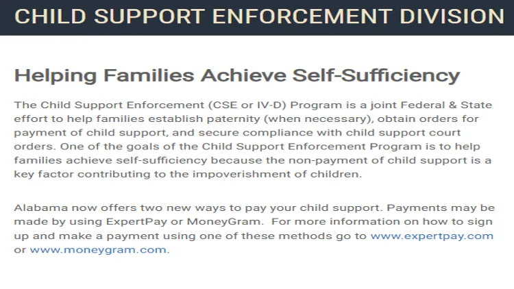 A screenshot showing the Child Support Enforcement Division in Alabama is a state and federal ran program that helps parents collect child support payments.