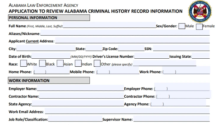 A screenshot of an Criminal History request form from the Alabama Law Enforcement Agency that requires the persons full name, aliases, current address, social security number, date of birth, license number, race, phone number, name of employer, the employers number, the position and the name of their supervisor. 