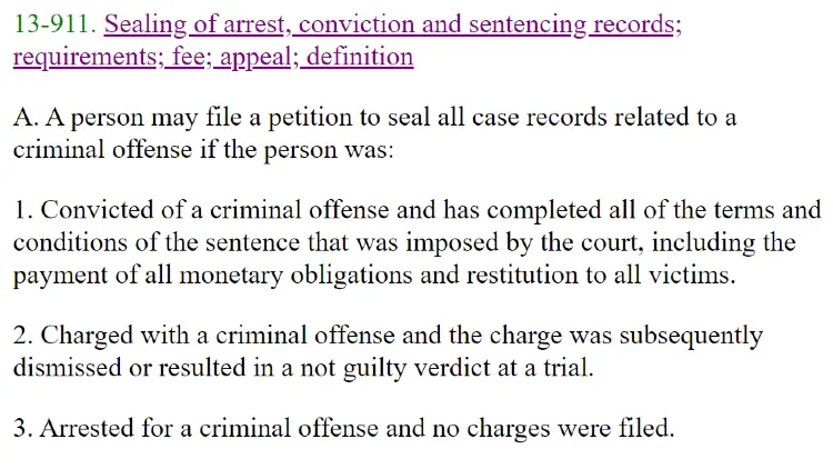 Arizona Statute 13-911 revealing that a petition may petition to seal their criminal records for dismissed and not-guilty verdicts. 
