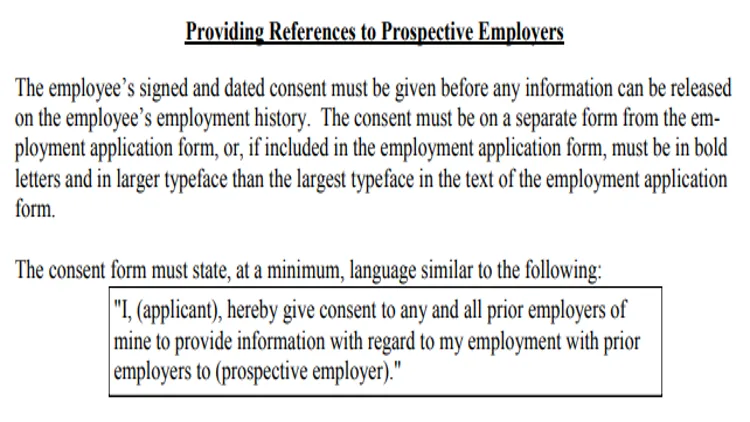 A screenshot showing that explicit consent must be required to run an employment background check on someone and it should be done on a separate form, or must be the largest letter on the employment application and bolded too. 