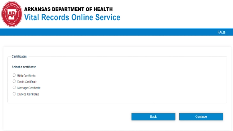A screenshot showing the Arkansas Department of Health Vital Records Online Service allows marriage, death, birth, and death certificated to be requested. 