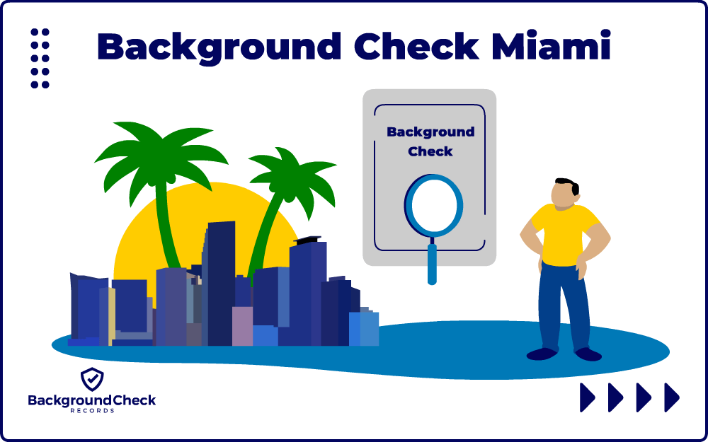 A blue magnifying glass hovering over a detailed report of background check, Miami skyline full of palm trees and high rise buildings in the background with a man in a yellow shirt, blue jeans and has his hands on his hips on the right as he looks outwards towards the city scape.